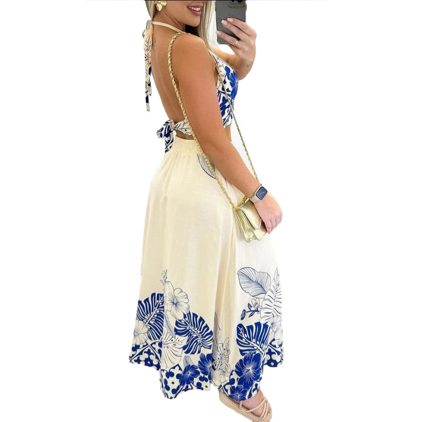 Hanging neck backless long skirt two-piece set