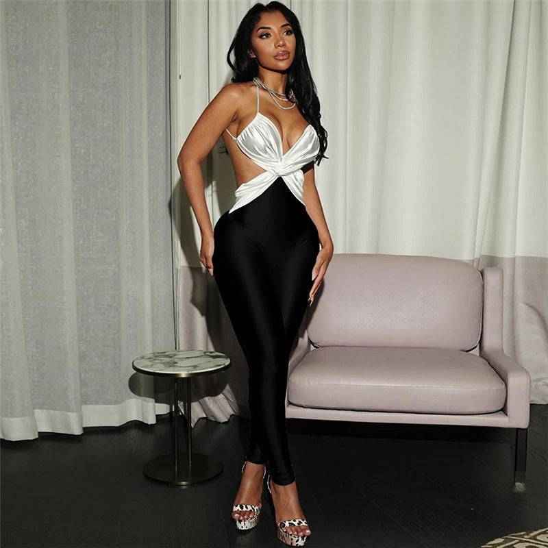 Color-blocked Cross-back High-waisted Bodycon Jumpsuit