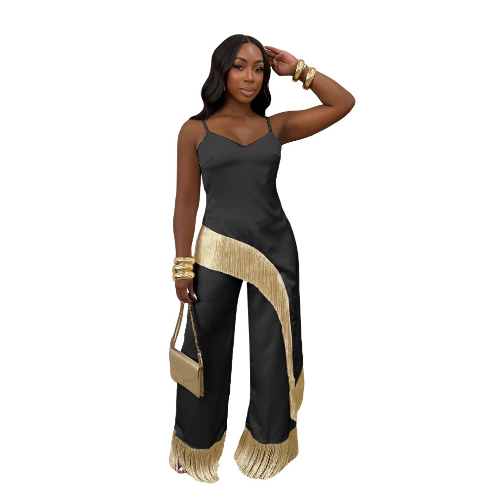 Strap vest top paired with loose wide leg pants and tassel two-piece set for women