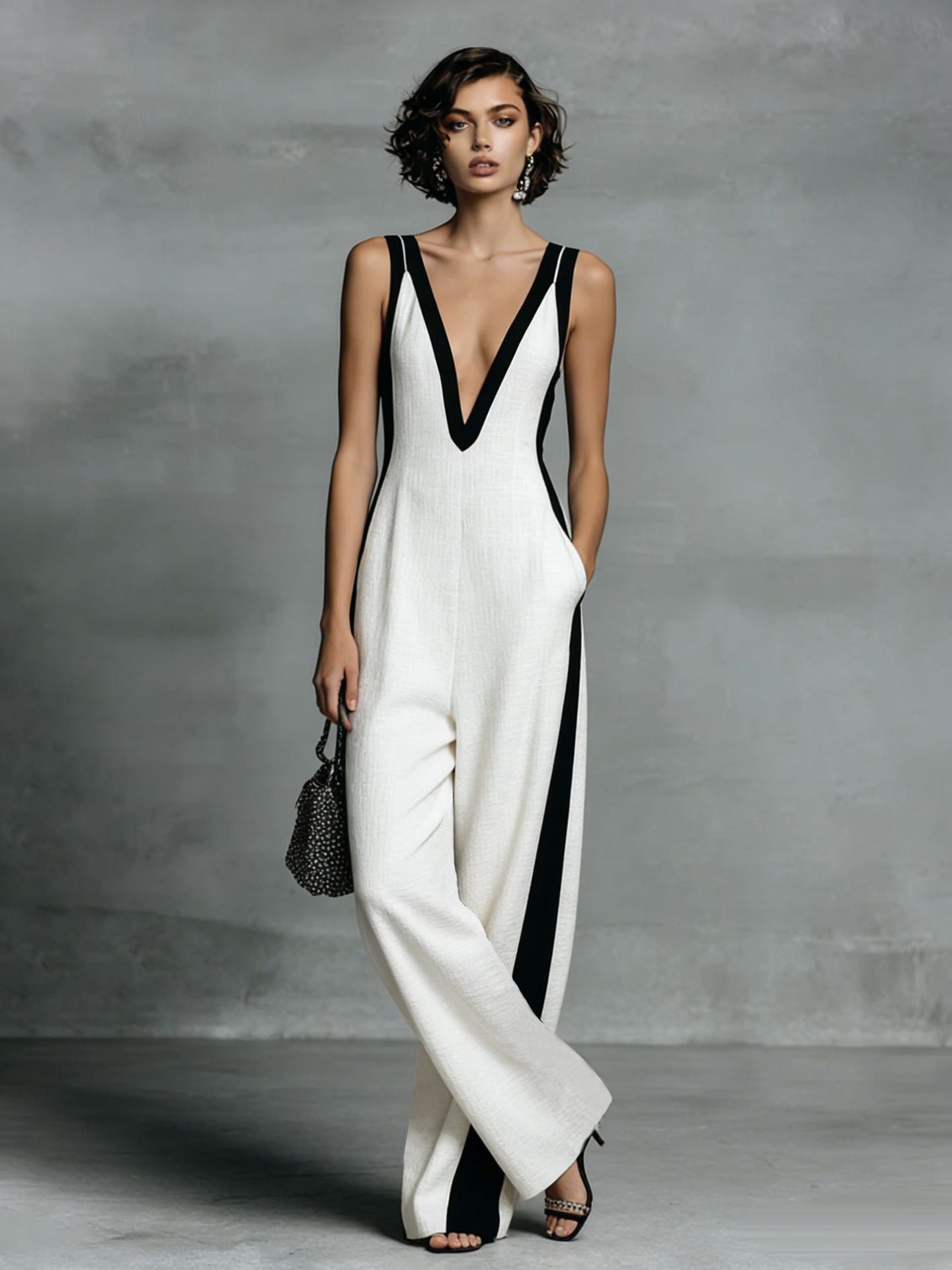 Fashion Color-block Sleeveless V-neck Wide-leg Jumpsuit for Women