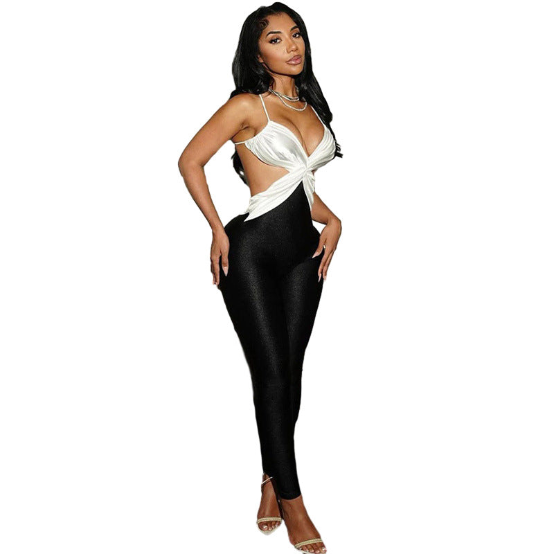 Color-blocked Cross-back High-waisted Bodycon Jumpsuit