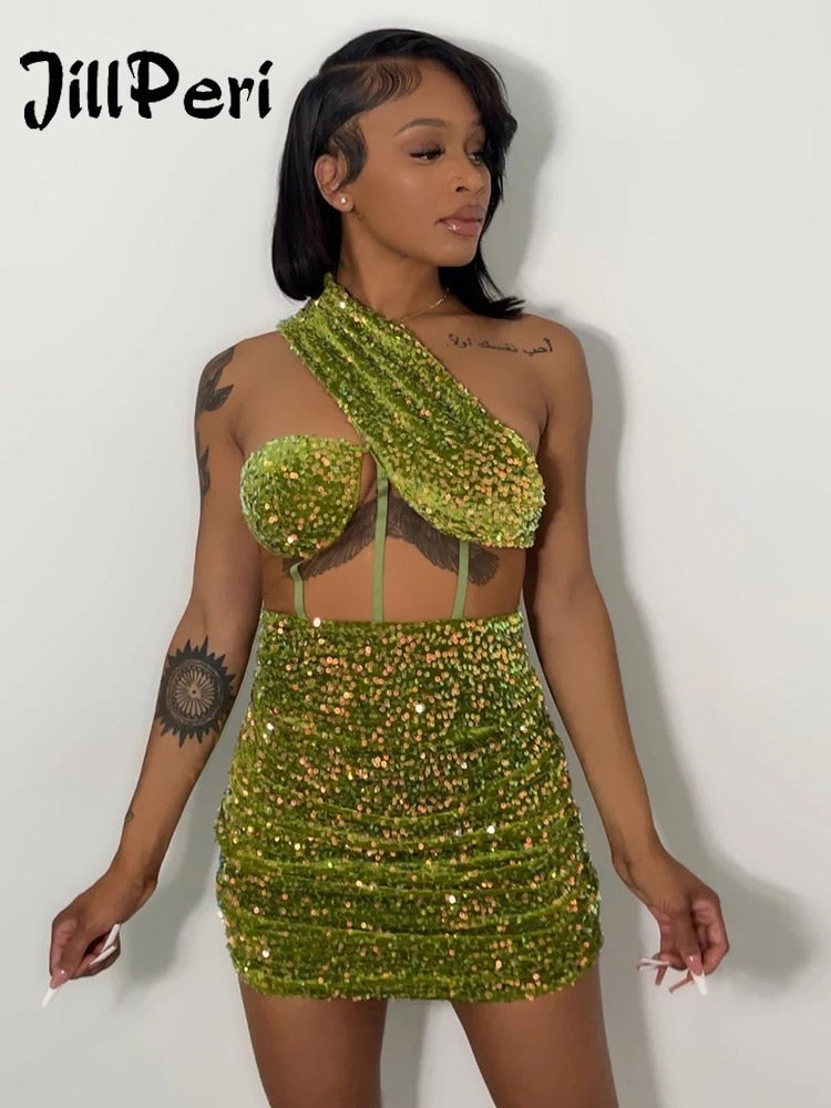 JillPeri Hollow Out Padded Green One Shoulder Velvet Mini Dress Women Party Outfit Festival Clothing Bodycon Summer Sequin Dress