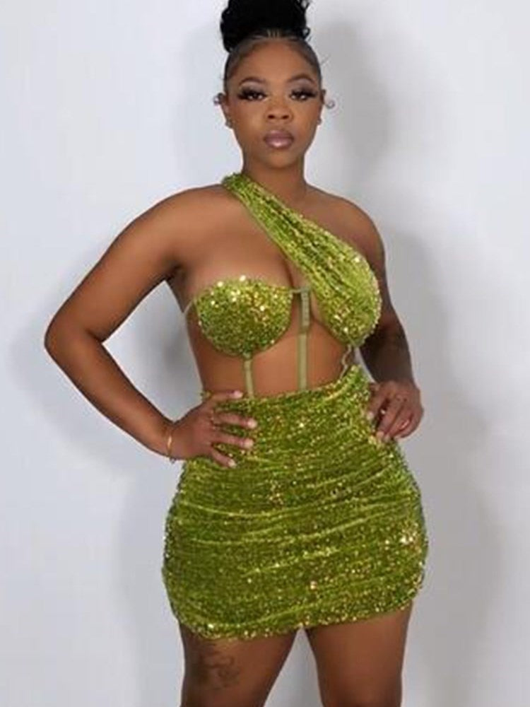 JillPeri Hollow Out Padded Green One Shoulder Velvet Mini Dress Women Party Outfit Festival Clothing Bodycon Summer Sequin Dress