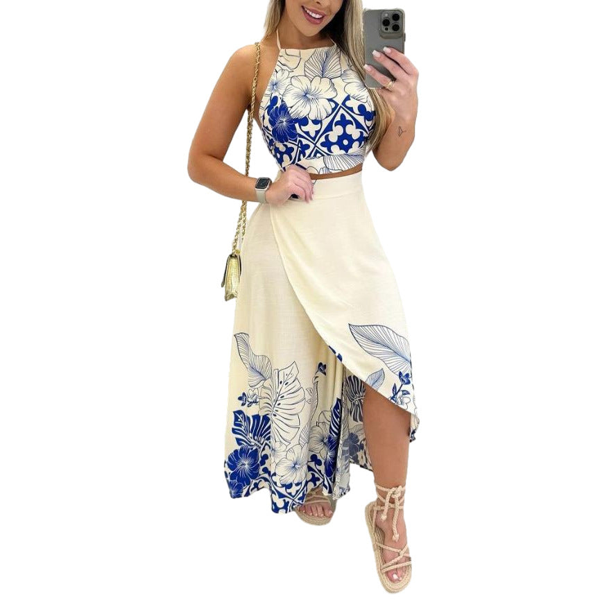 Hanging neck backless long skirt two-piece set