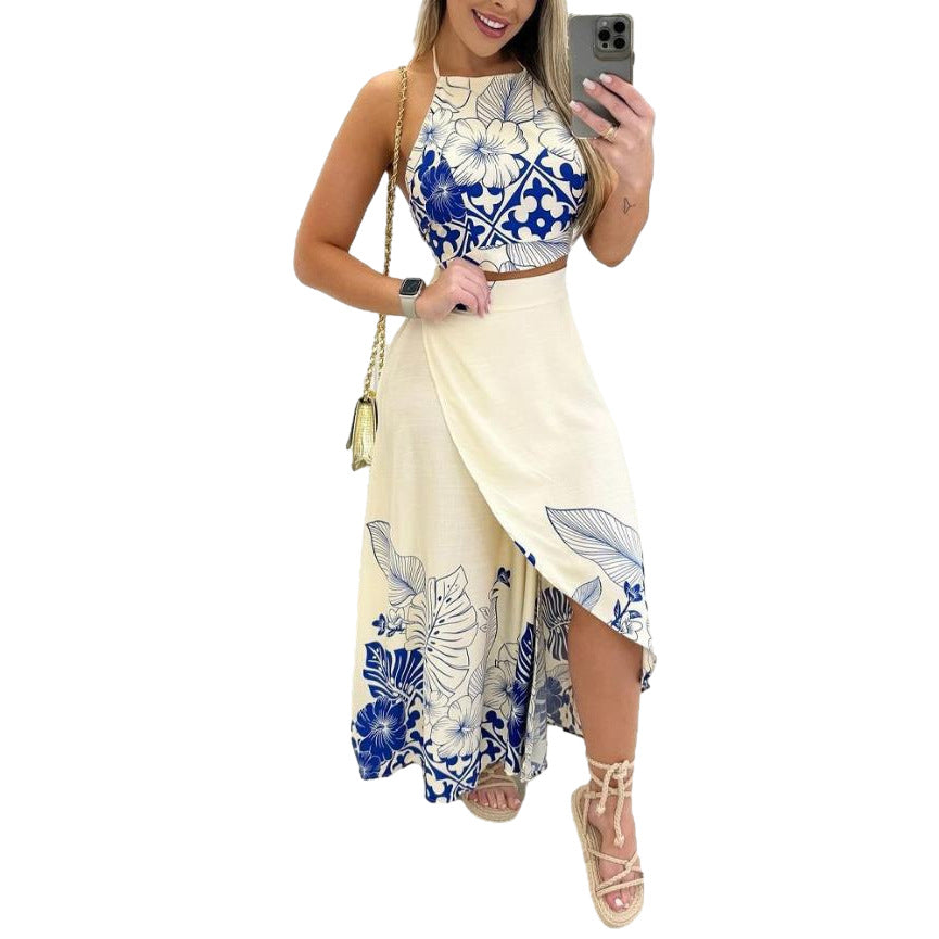 Hanging neck backless long skirt two-piece set