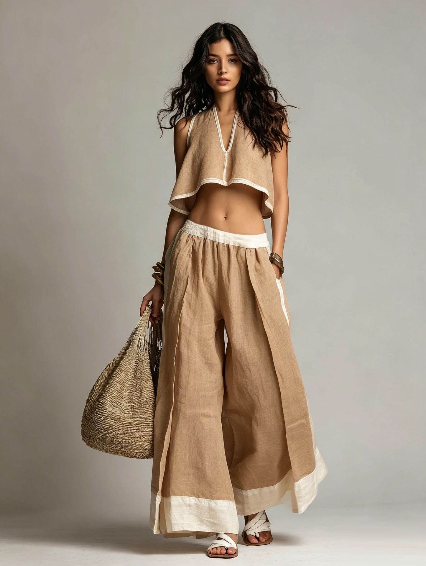 Summer Fashion Casual Temperament Solid Color Sleeveless V-Neck Two-Piece Set