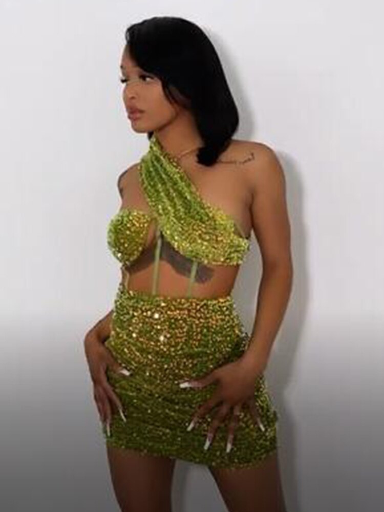 JillPeri Hollow Out Padded Green One Shoulder Velvet Mini Dress Women Party Outfit Festival Clothing Bodycon Summer Sequin Dress