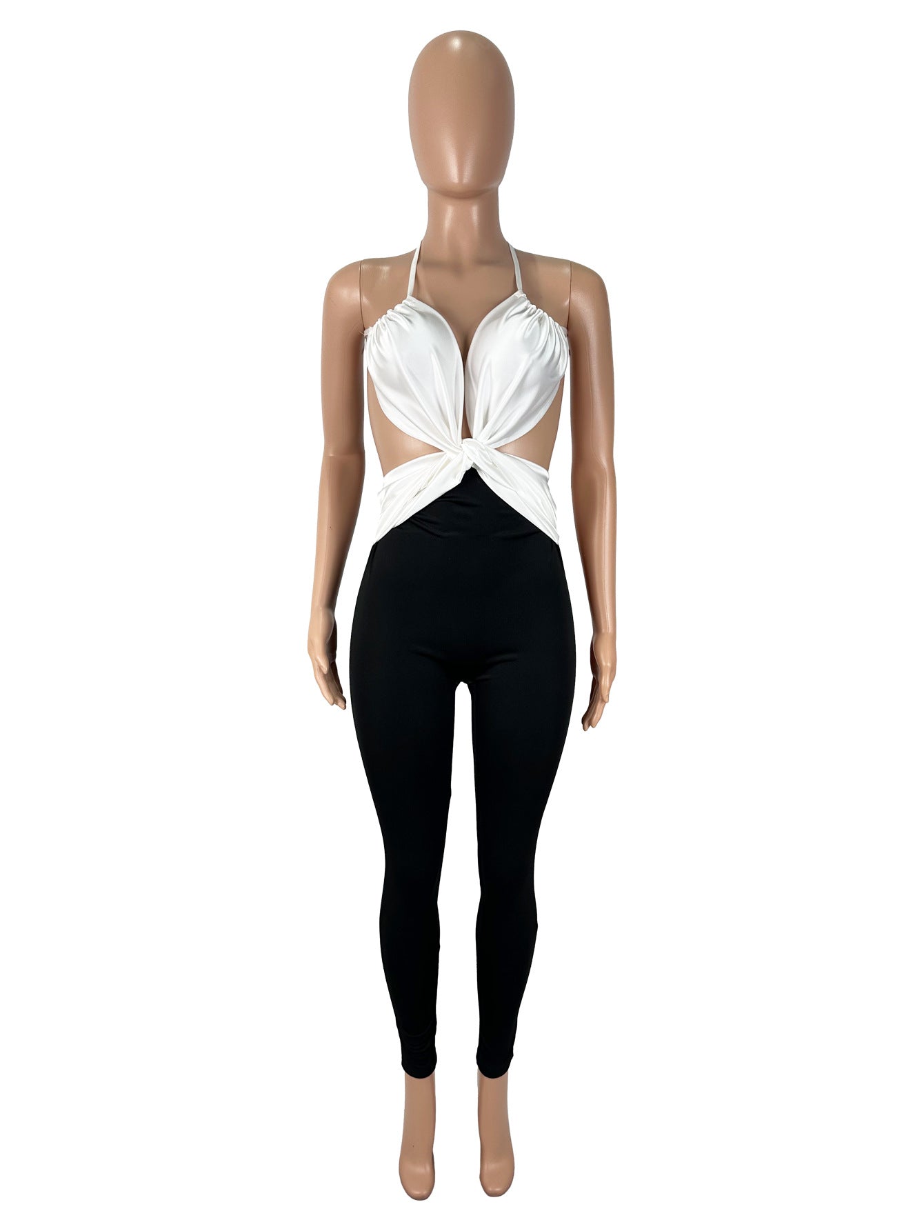 Color-blocked Cross-back High-waisted Bodycon Jumpsuit