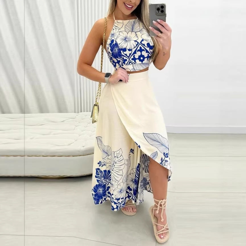 Hanging neck backless long skirt two-piece set