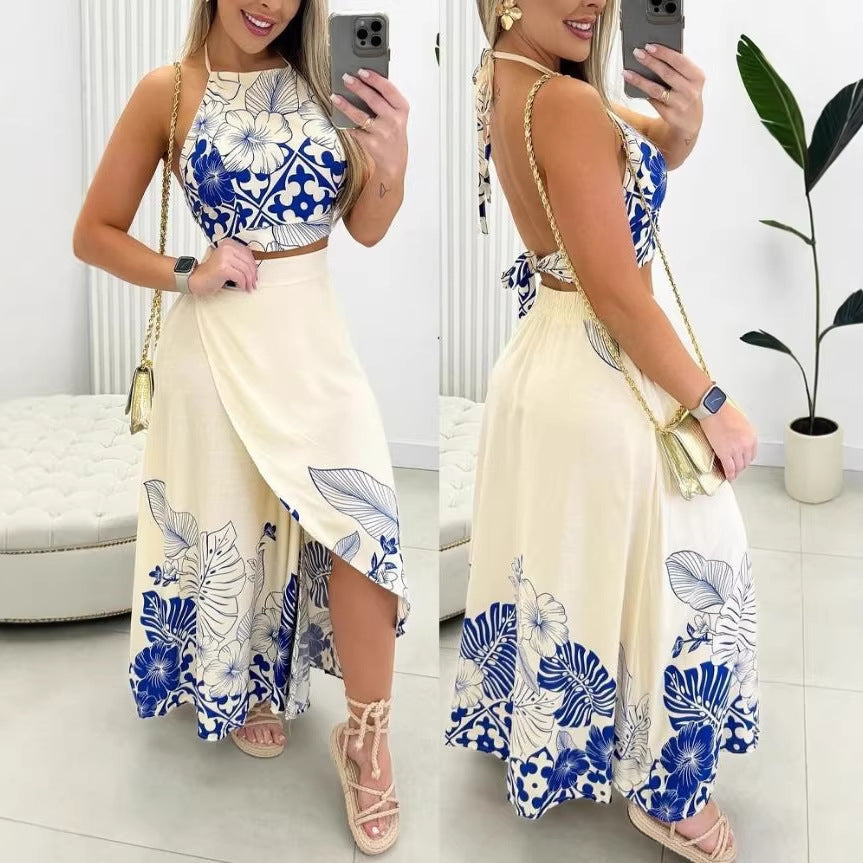 Hanging neck backless long skirt two-piece set