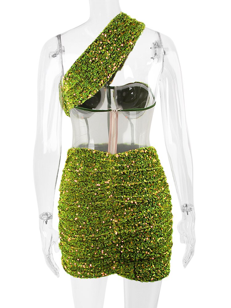 JillPeri Hollow Out Padded Green One Shoulder Velvet Mini Dress Women Party Outfit Festival Clothing Bodycon Summer Sequin Dress