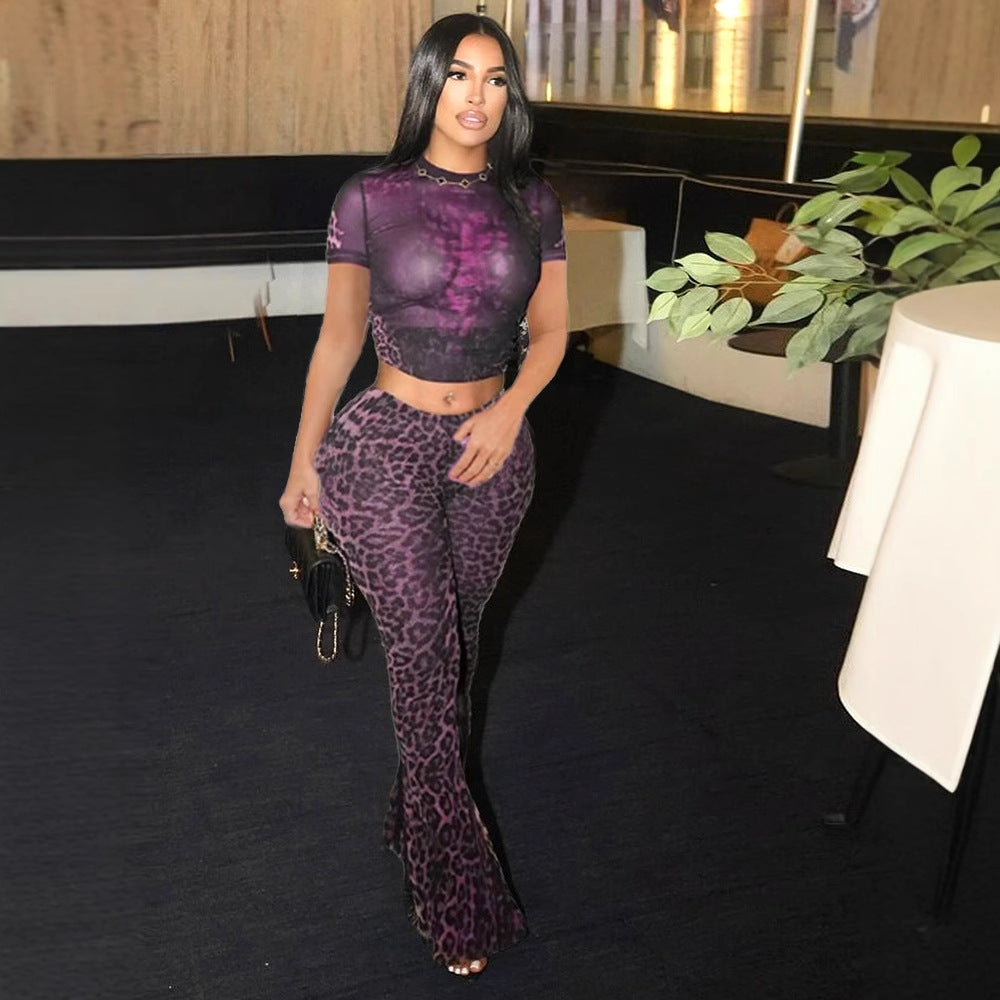 Leopard Print Short Sleeve Two-Piece Set for Women