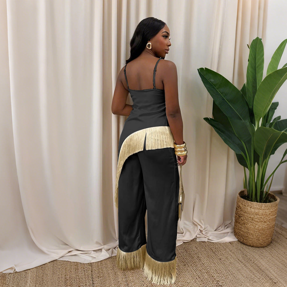 Strap vest top paired with loose wide leg pants and tassel two-piece set for women