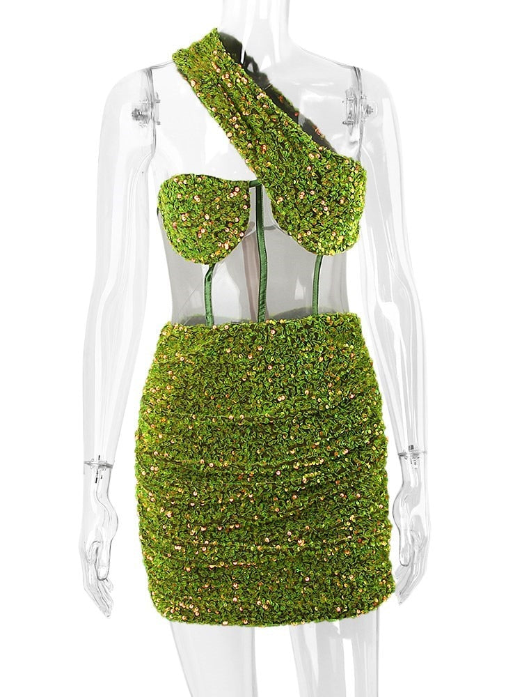 JillPeri Hollow Out Padded Green One Shoulder Velvet Mini Dress Women Party Outfit Festival Clothing Bodycon Summer Sequin Dress