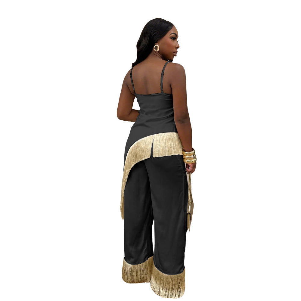 Strap vest top paired with loose wide leg pants and tassel two-piece set for women